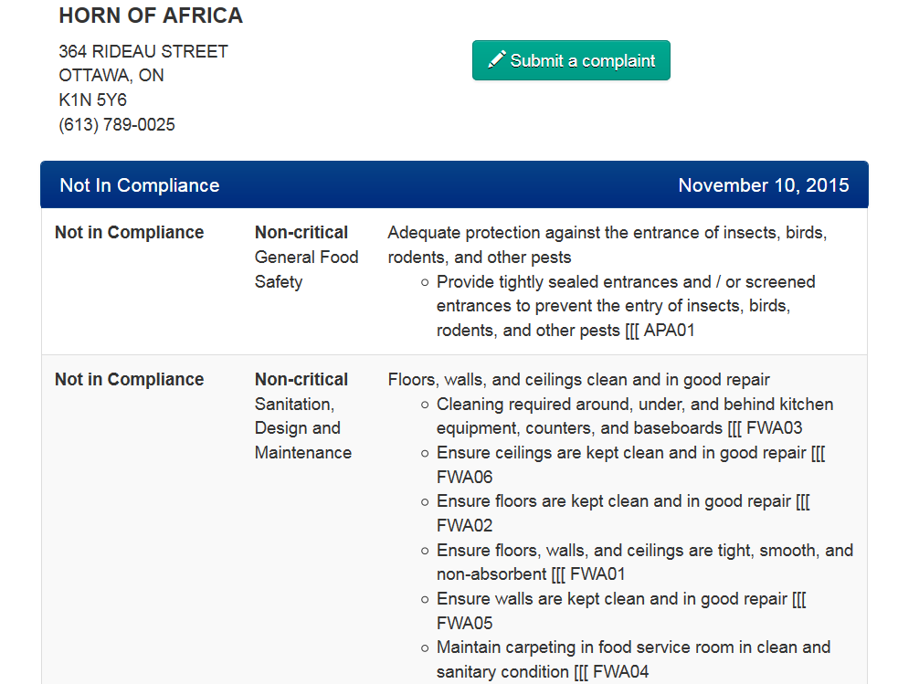 The latest food safety inspections by City of Ottawa's Public Health for the Horn of Africa.