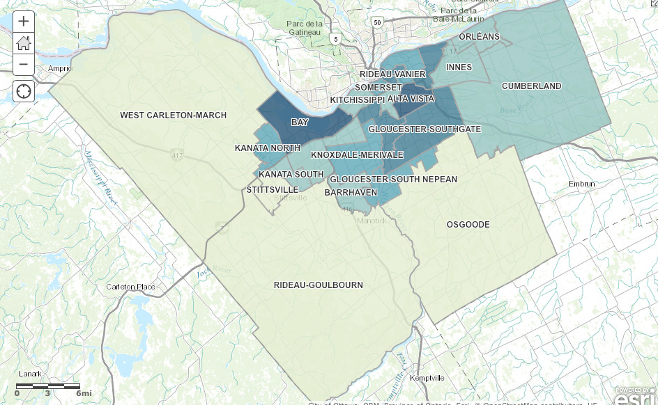 Click on the above image to see an interactive map of immigrants per capita in Ottawa wards